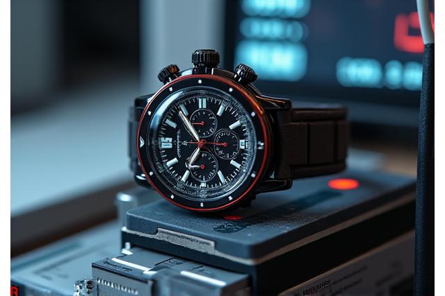 Une montre de luxe ouverte sur un appareil de test de chronométrie électronique, symbolisant le contrôle qualité final.