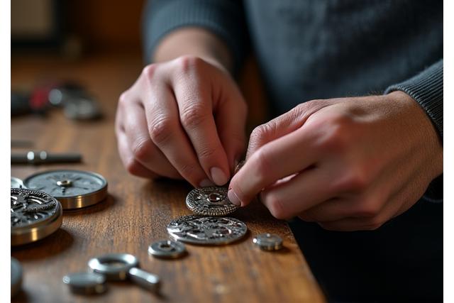 Mains d'horloger utilisant un tour de précision pour fabriquer une petite pièce métallique pour une montre, dans une lumière d'atelier chaleureuse.